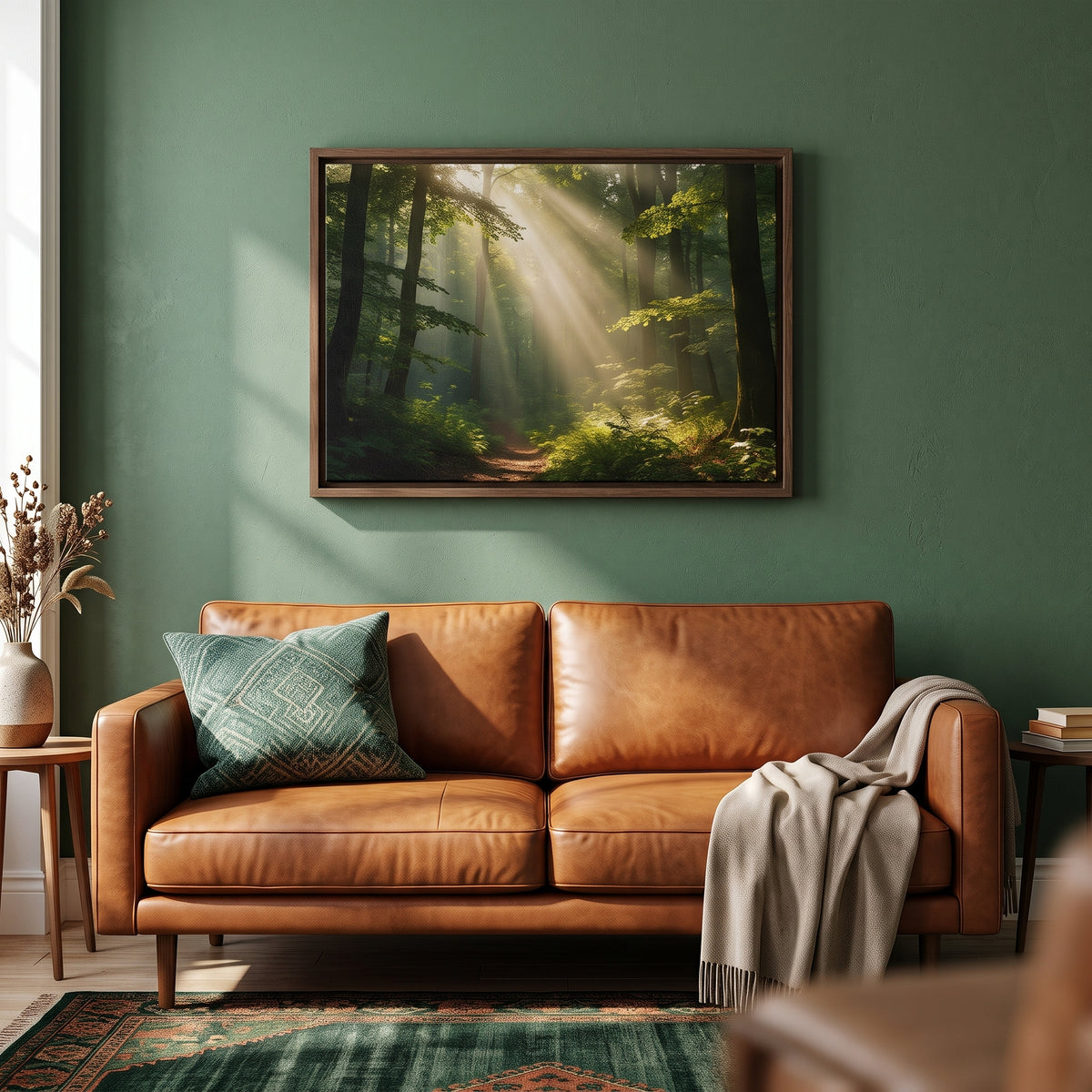 Sunlit Forest Path: Nature's Quiet Retreat Framed Canvas