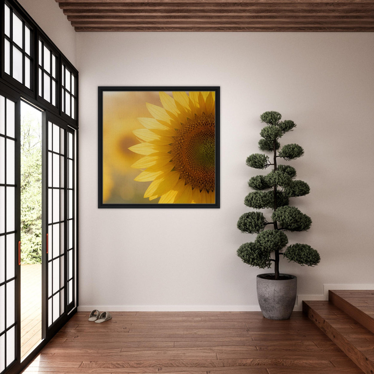 Golden Serenity: Sunflower in Morning Light Framed Canvas
