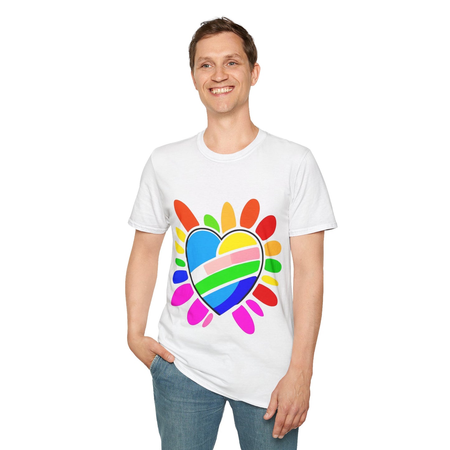 Pride Heart Unisex Softstyle T-Shirt, Colorful LGBTQ+ Tee, Celebration of Love, Rainbow Apparel, Gift for Pride Month