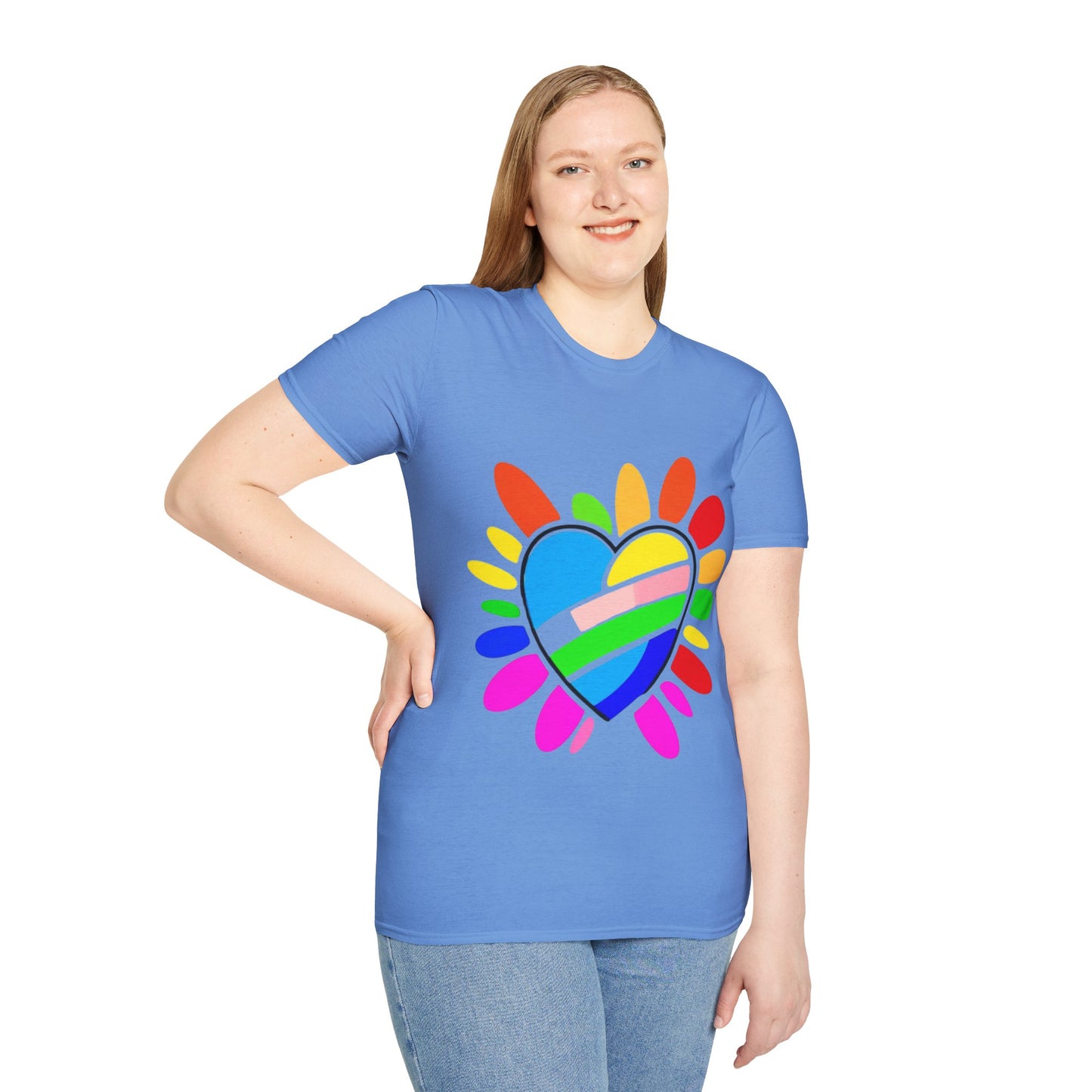 Pride Heart Unisex Softstyle T-Shirt, Colorful LGBTQ+ Tee, Celebration of Love, Rainbow Apparel, Gift for Pride Month