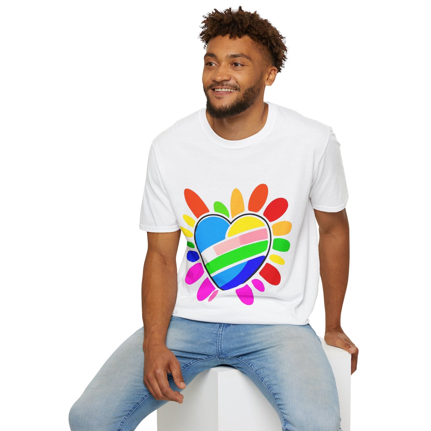 Pride Heart Unisex Softstyle T-Shirt, Colorful LGBTQ+ Tee, Celebration of Love, Rainbow Apparel, Gift for Pride Month