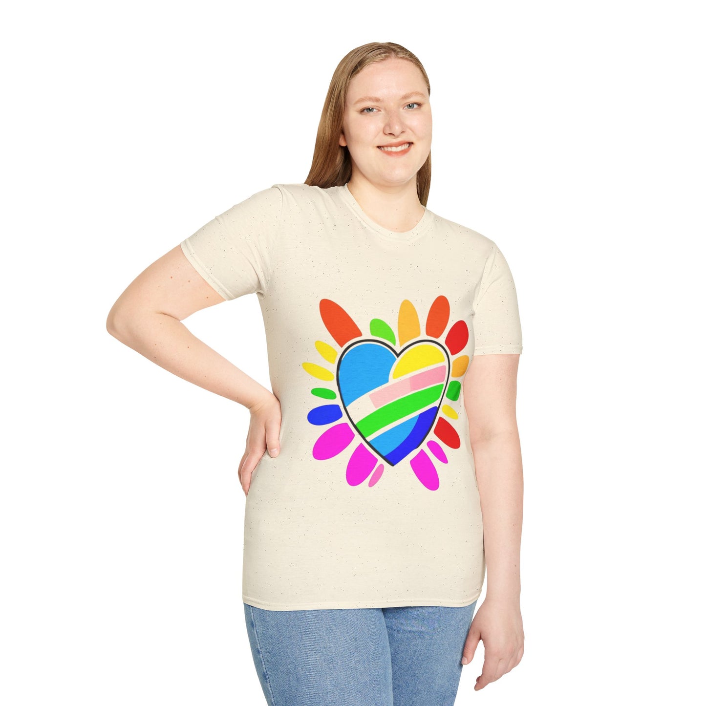 Pride Heart Unisex Softstyle T-Shirt, Colorful LGBTQ+ Tee, Celebration of Love, Rainbow Apparel, Gift for Pride Month