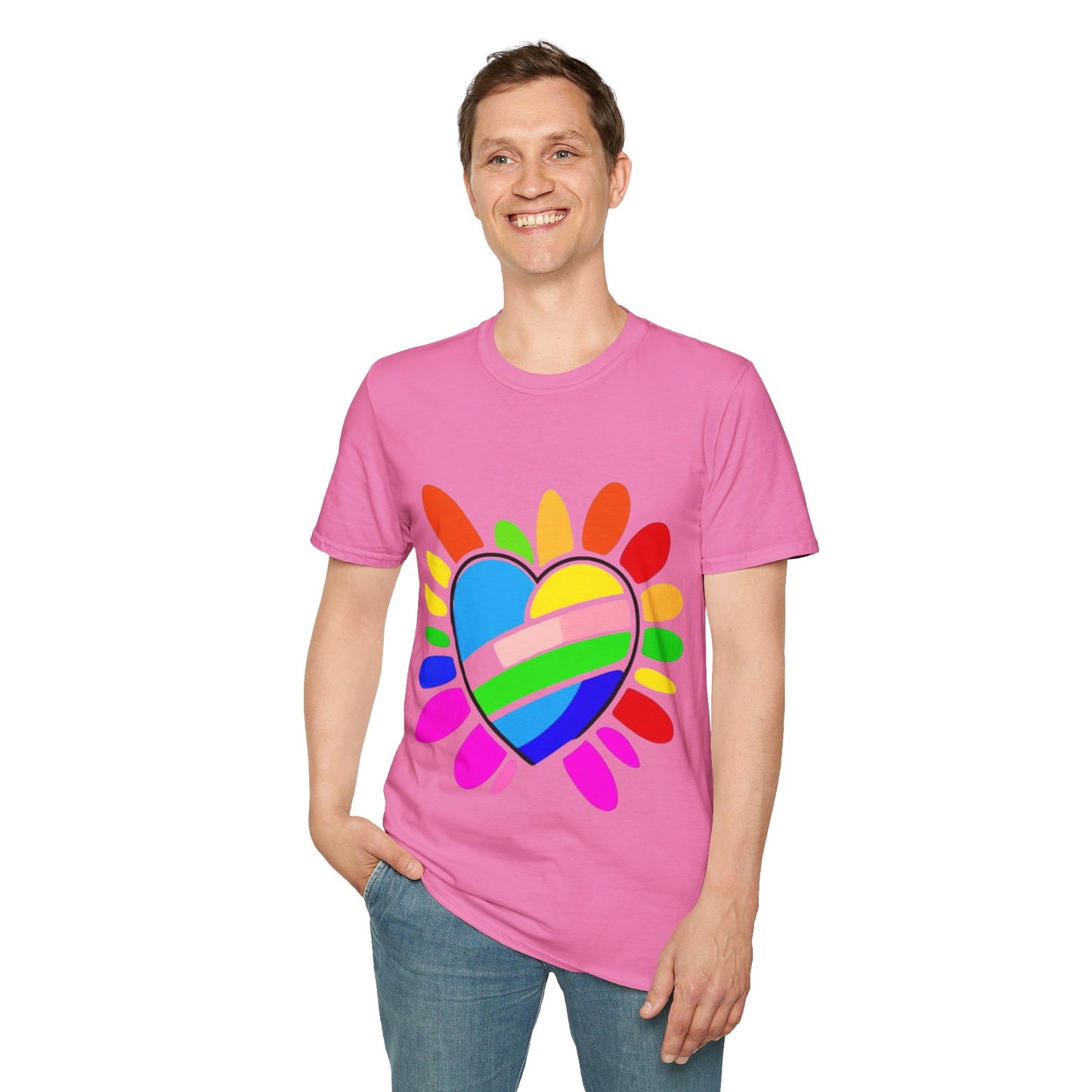 Pride Heart Unisex Softstyle T-Shirt, Colorful LGBTQ+ Tee, Celebration of Love, Rainbow Apparel, Gift for Pride Month