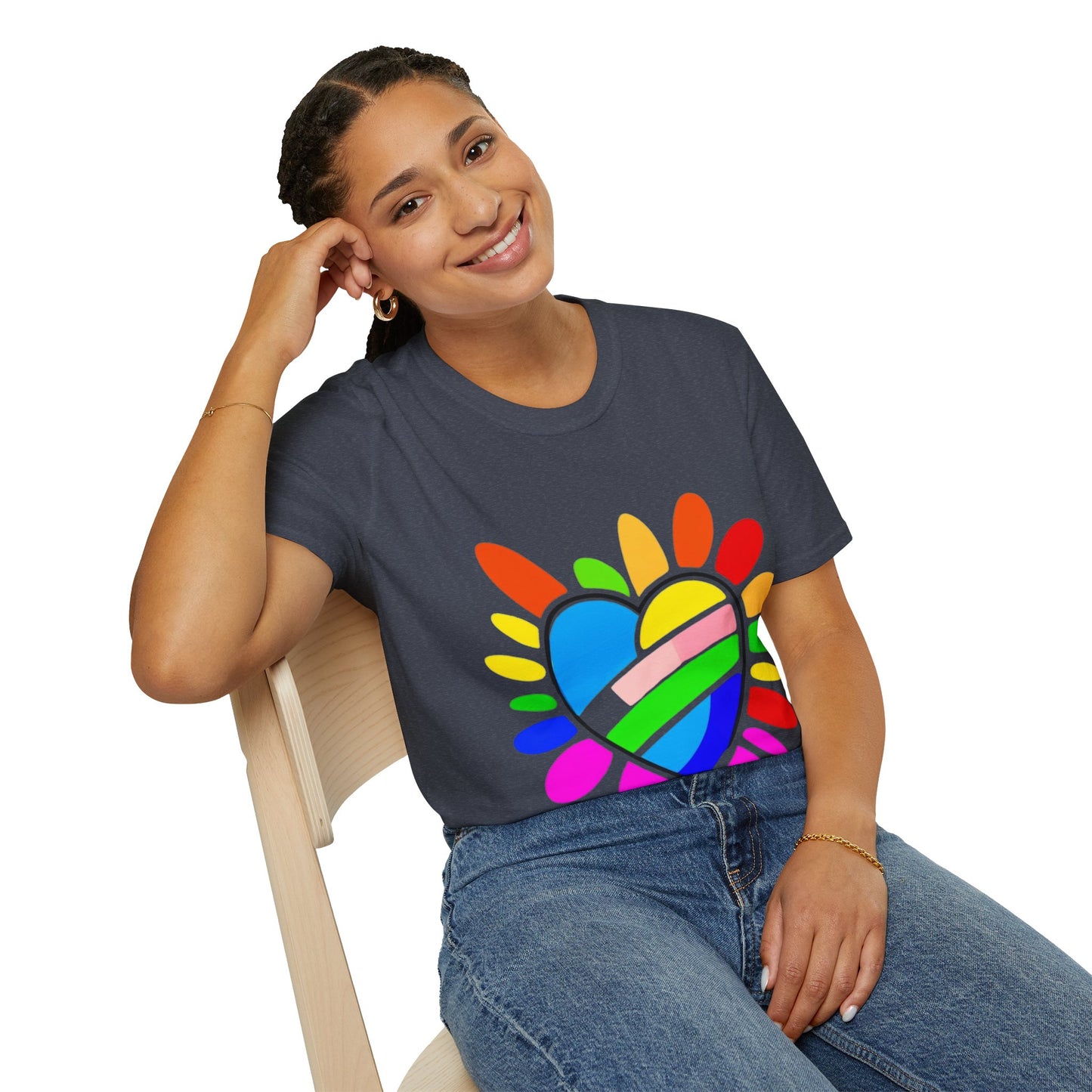 Pride Heart Unisex Softstyle T-Shirt, Colorful LGBTQ+ Tee, Celebration of Love, Rainbow Apparel, Gift for Pride Month