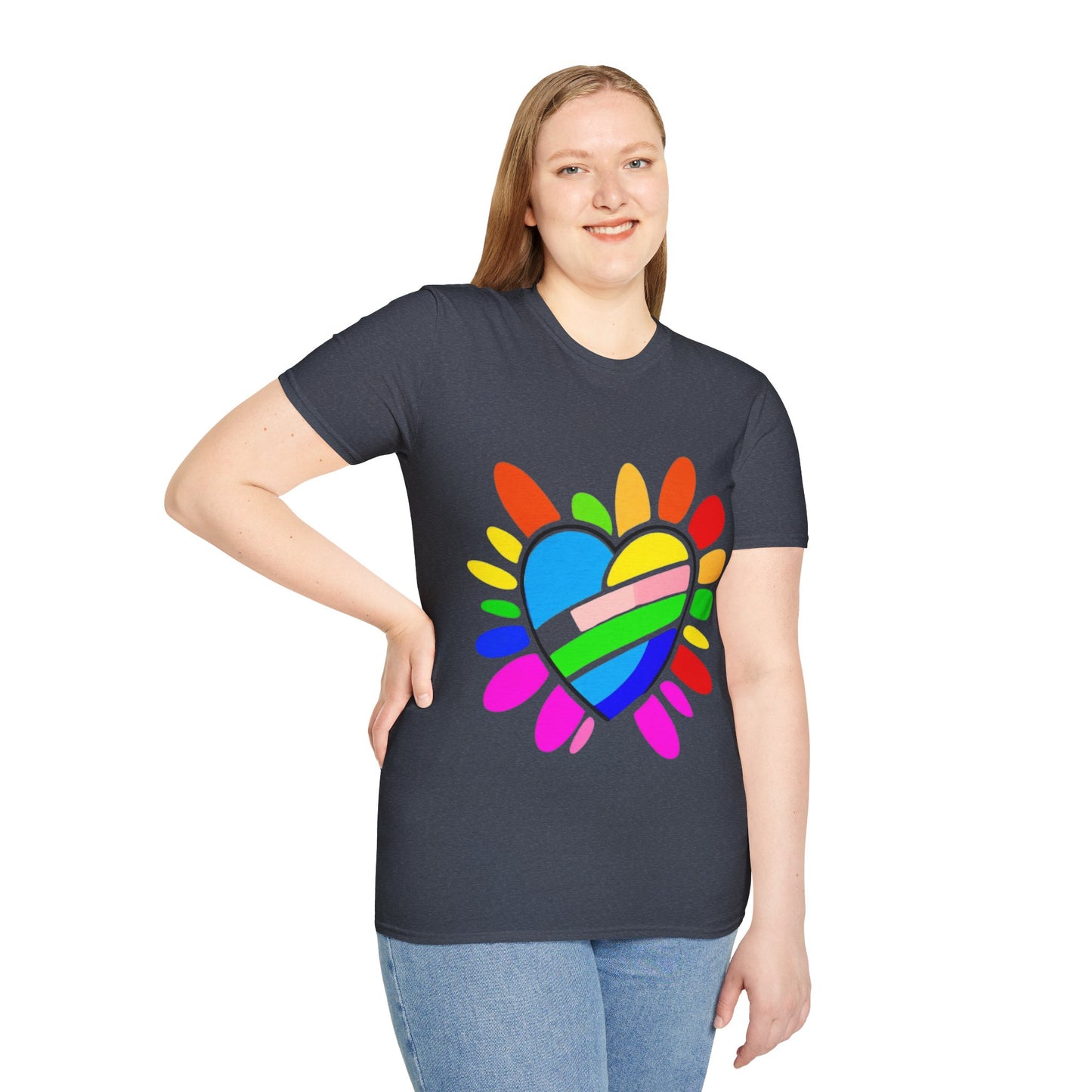 Pride Heart Unisex Softstyle T-Shirt, Colorful LGBTQ+ Tee, Celebration of Love, Rainbow Apparel, Gift for Pride Month