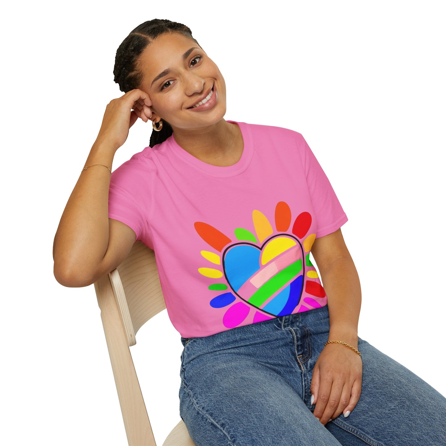 Pride Heart Unisex Softstyle T-Shirt, Colorful LGBTQ+ Tee, Celebration of Love, Rainbow Apparel, Gift for Pride Month