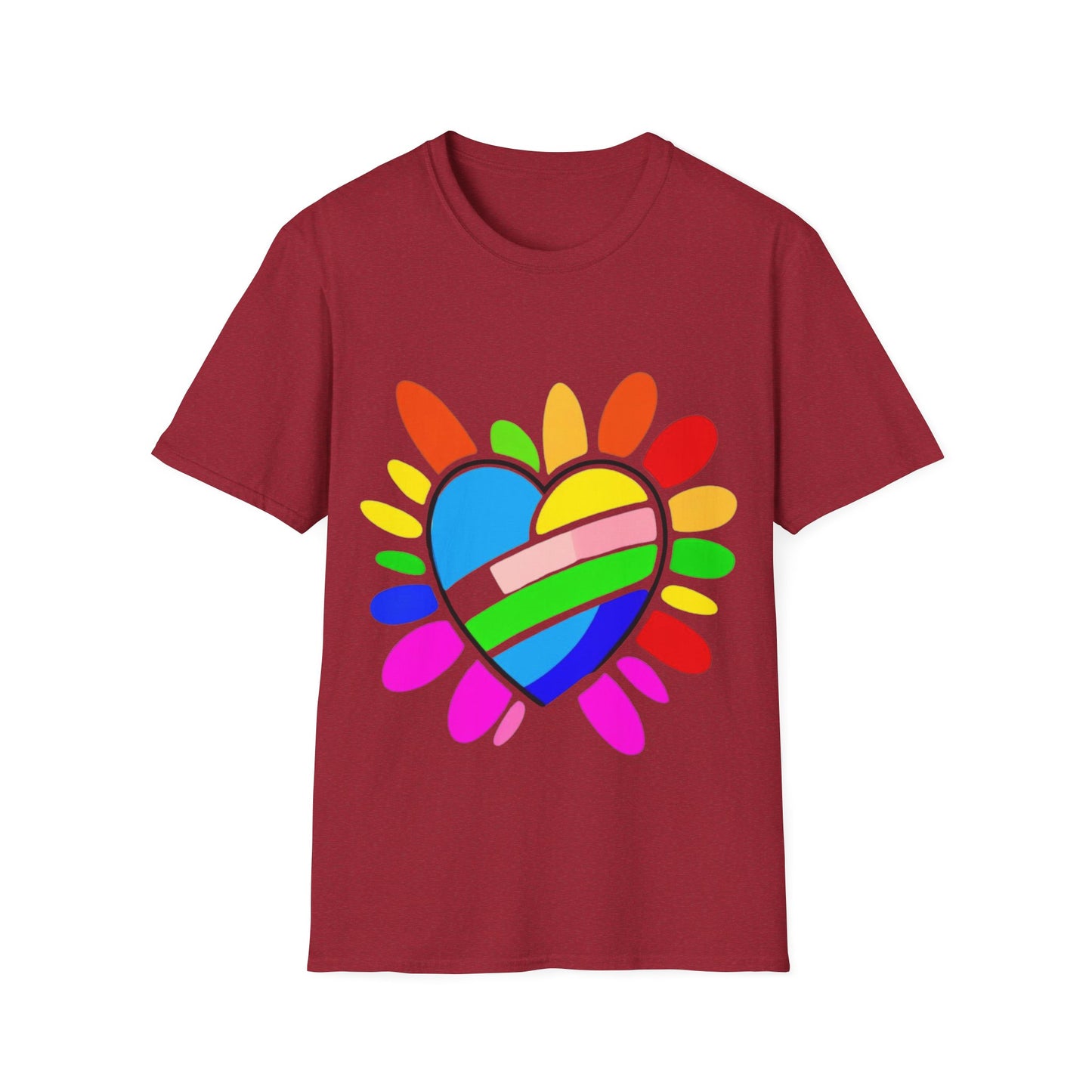 Pride Heart Unisex Softstyle T-Shirt, Colorful LGBTQ+ Tee, Celebration of Love, Rainbow Apparel, Gift for Pride Month