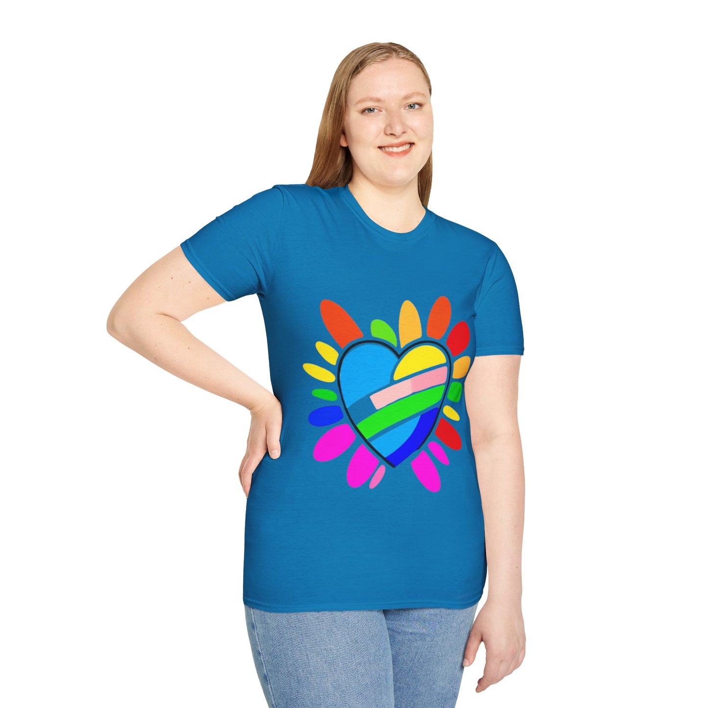 Pride Heart Unisex Softstyle T-Shirt, Colorful LGBTQ+ Tee, Celebration of Love, Rainbow Apparel, Gift for Pride Month