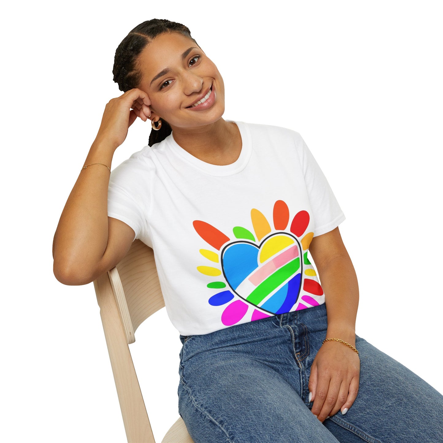 Pride Heart Unisex Softstyle T-Shirt, Colorful LGBTQ+ Tee, Celebration of Love, Rainbow Apparel, Gift for Pride Month