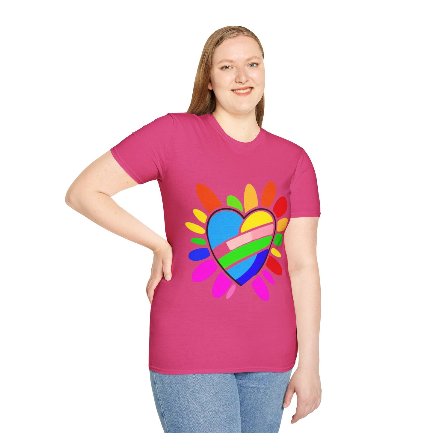 Pride Heart Unisex Softstyle T-Shirt, Colorful LGBTQ+ Tee, Celebration of Love, Rainbow Apparel, Gift for Pride Month