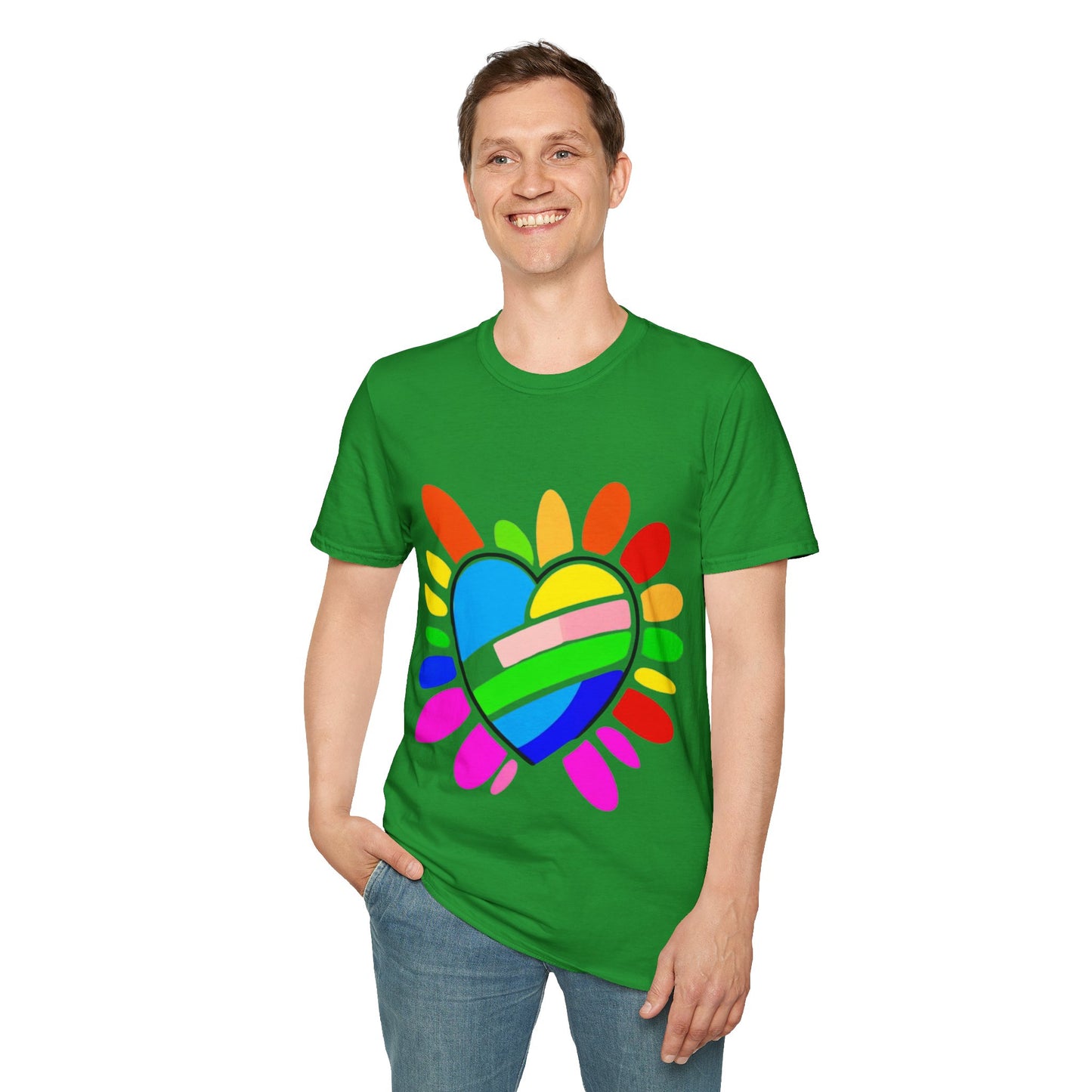 Pride Heart Unisex Softstyle T-Shirt, Colorful LGBTQ+ Tee, Celebration of Love, Rainbow Apparel, Gift for Pride Month