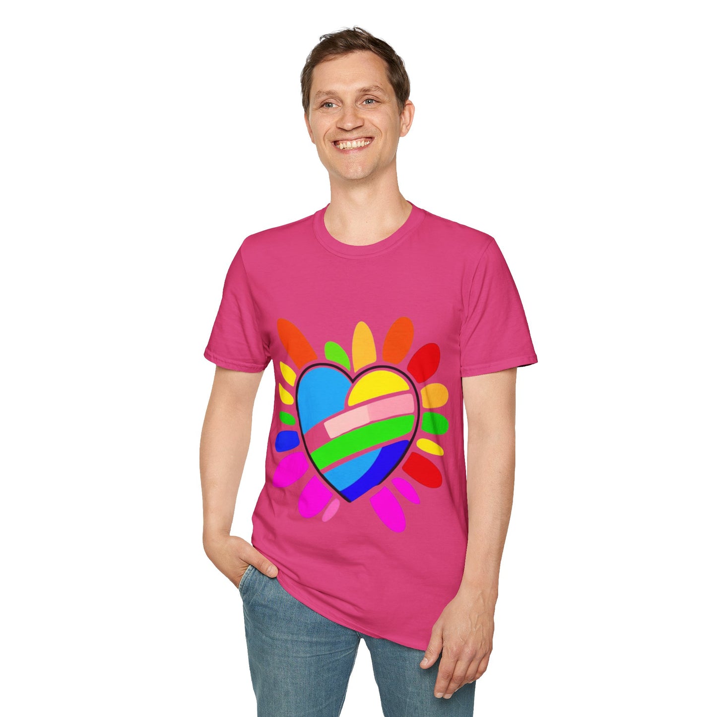 Pride Heart Unisex Softstyle T-Shirt, Colorful LGBTQ+ Tee, Celebration of Love, Rainbow Apparel, Gift for Pride Month