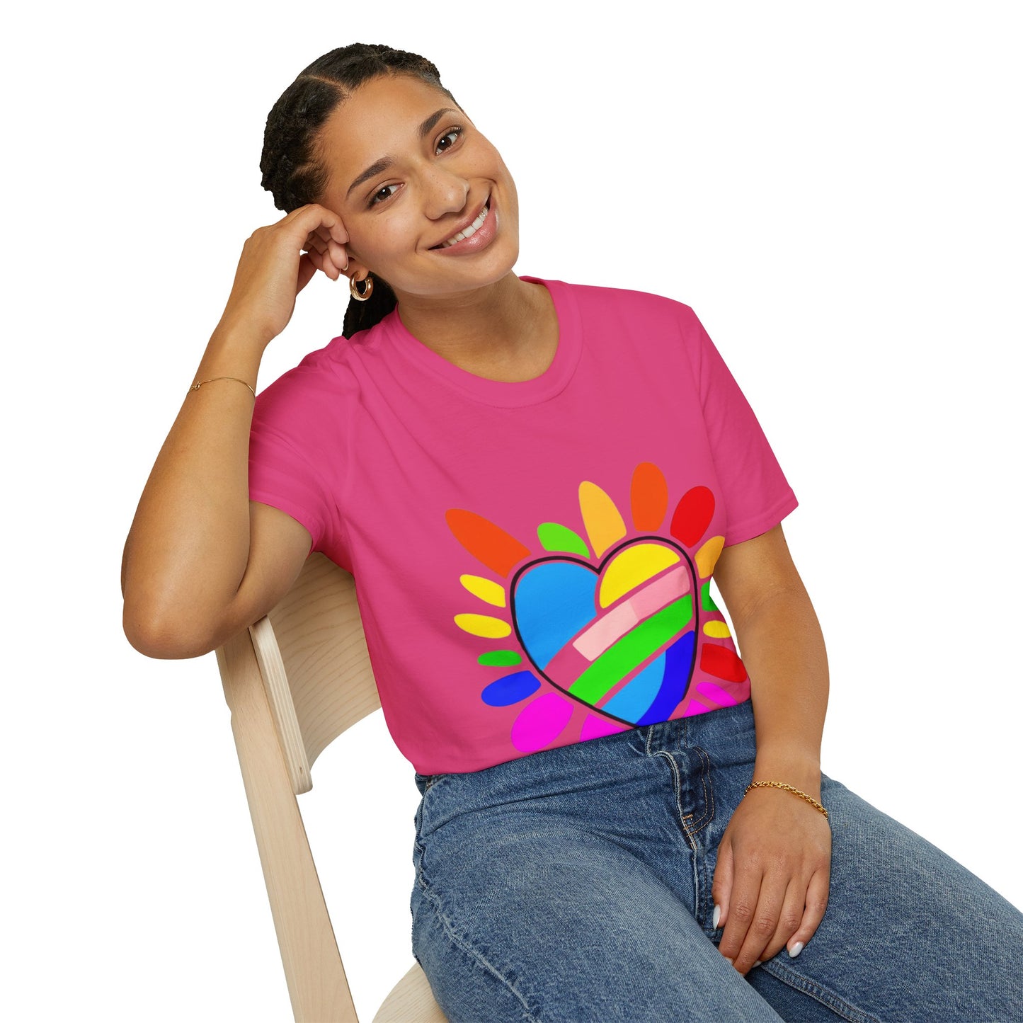 Pride Heart Unisex Softstyle T-Shirt, Colorful LGBTQ+ Tee, Celebration of Love, Rainbow Apparel, Gift for Pride Month