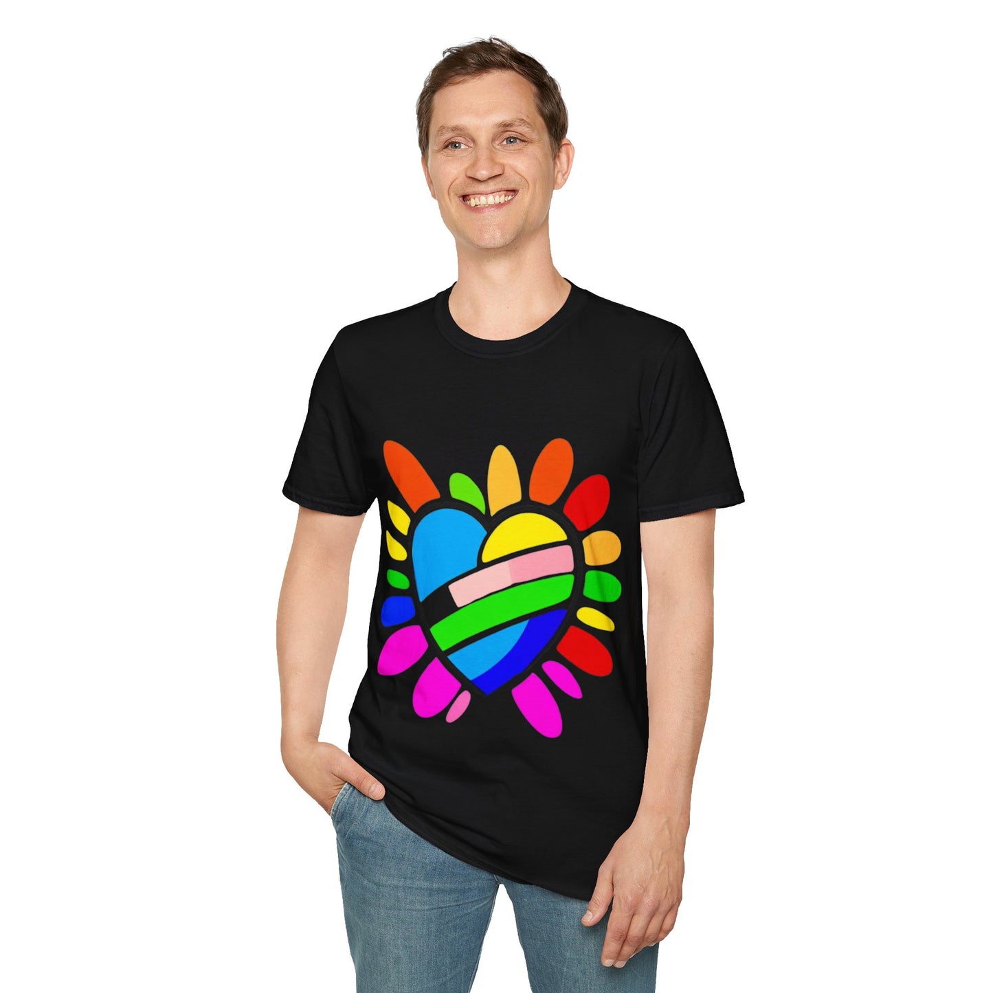 Pride Heart Unisex Softstyle T-Shirt, Colorful LGBTQ+ Tee, Celebration of Love, Rainbow Apparel, Gift for Pride Month