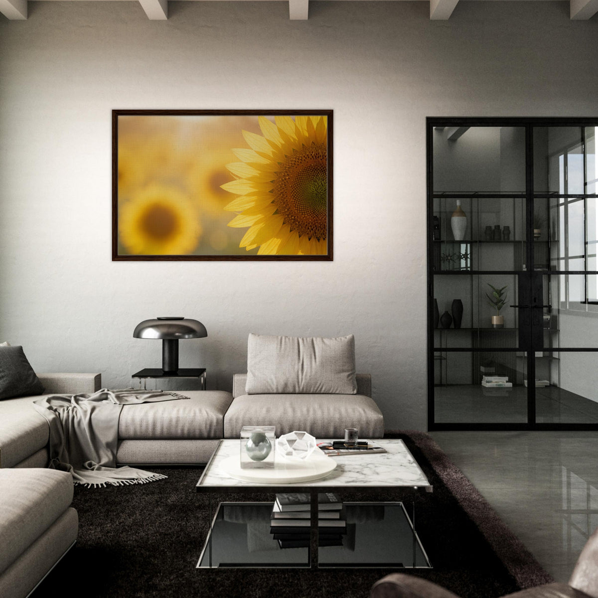 Golden Serenity: Sunflower in Morning Light Framed Canvas