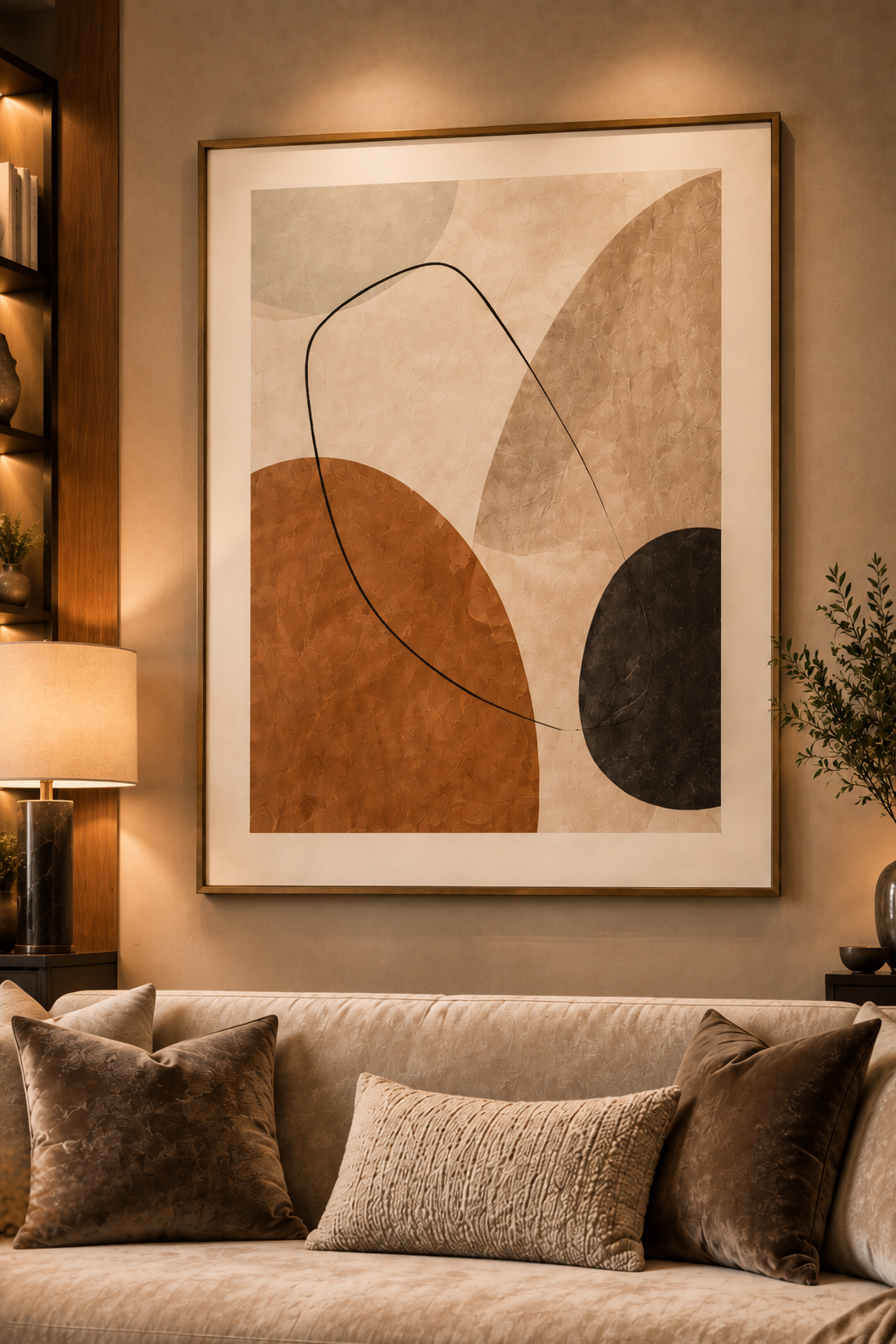 A framed abstract wall art print hangs above a beige sofa in a warmly lit living room. The artwork features large organic shapes in terracotta, cream, taupe, and charcoal on a white mat, with a thin black line running through the center.